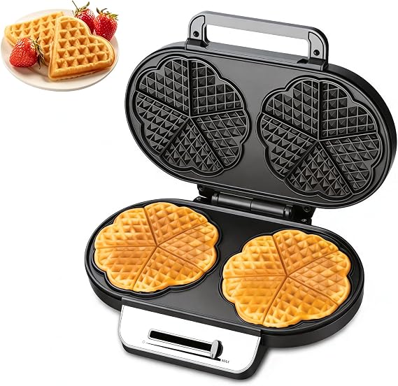Double Waffle Maker,Electric Heart-Shaped Waffle Maker,6-Inch Belgian Waffle Iron,1200W Waffle Iron with Nonstick Plates for Breakfast and Snacks, Easy to Clean, Stainless Steel, Black