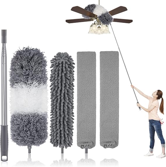 UIMO Microfiber Feather Duster Kit with Extension Pole (30100") Bendable Washable Heads, Extendable Dusters for Cleaning Ceiling Fan, High Ceiling, Blinds, Furniture & Cars (5 Pcs)