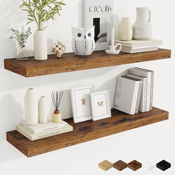 Fun Memories 36 Inch Floating Shelves, 9.3 Inch Deep Rustic Wall Shelves - Extra Deeper Wall Mounted Storage Shelves for Bathroom, Kitchen, Living Room (Brown, Set of 2)