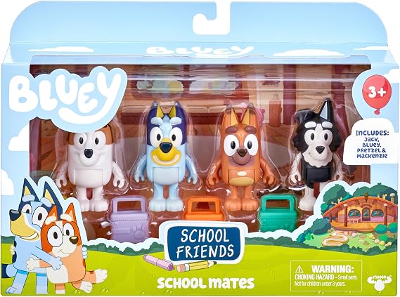 Bluey School Mates Figurine Toys Pack of 4, Articulated Jack, Pretzel, and Mackenzie Character Toys with Lunch Boxes, Action Figures for Kids Ages 3+
