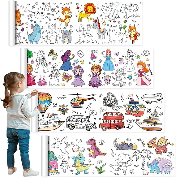 ZOCONE 4 Pack Colouring Drawing Paper Roll for Kids 3m x 30cm, Fun Painting Paper Roll for Children DIY Art Painting Color Filling Paper for Children's Drawing Roll of Paper for Kids(4 Themes)