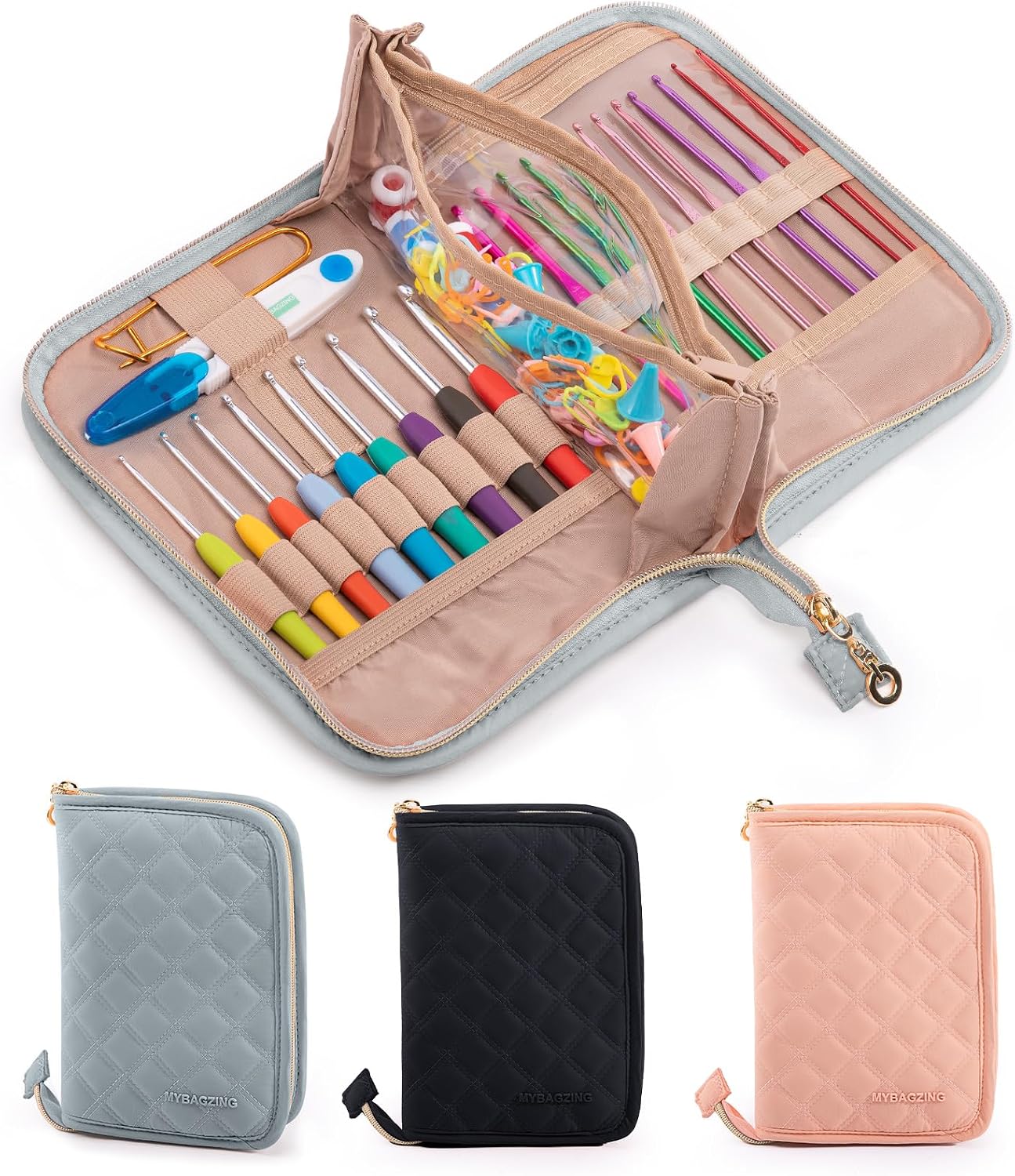 MYBAGZING Crochet Hook Case – Empty Organizer with 24 Slots for Crochet Hooks & Ergonomic Aluminum Crochet Needles, Zipper Pocket for Accessories and Supplies
