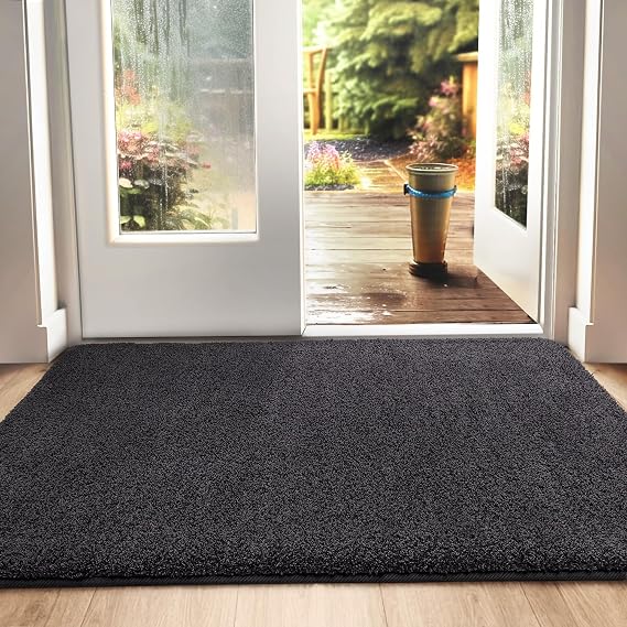 DEXI Dirt Trapper Indoor Door Mat 90 x 150 cm, Black-Grey | Highly Absorbent, Non Slip, Washable, Low Profile, Water Resistant TPR Backing, Front Door, Entryway, Muddy Shoes & Paws