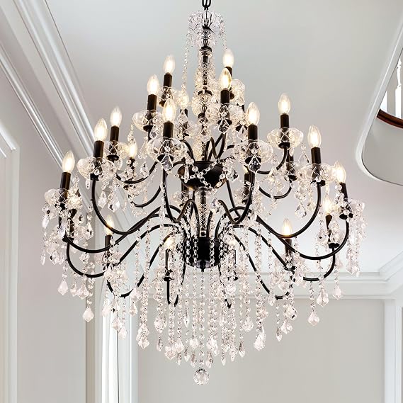 Wellmet Black Chandelier Light Fixture, Luxury Maria Theresa Crystal Chandeliers for High Ceiling Foyer, 24 Lights Hanging Pendant Light for Living Room EntryWay Hall Staircase Large 35.66" (Black)