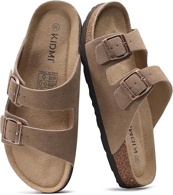 KIDMI Women's Cork Footbed Casual Summer Sandals with Mild Arch Support | Double Adjustable Buckle Slides for Men with Memory Foam, Lightweight Unisex No-Break-In Sandals
