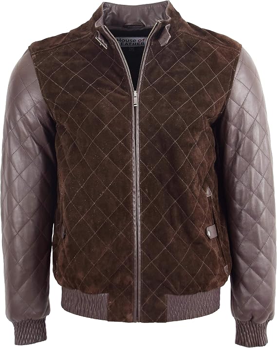 Mens Suede Leather Bomber Jacket Quilted Varsity Style Bradley Brown