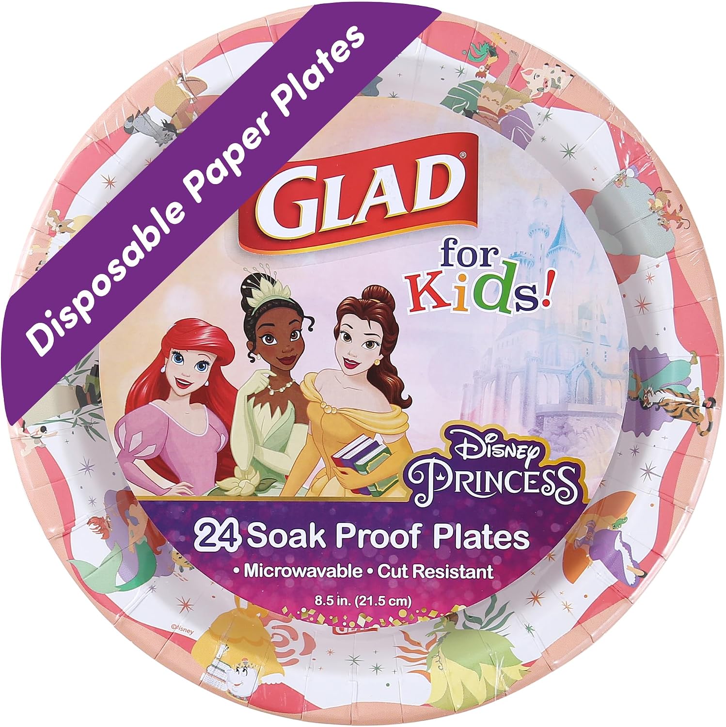 Glad for Kids Disney Mickey & Friends Disposable Paper Plates,#34;Magic is in All of Us - Heavy Duty, Soak Proof, Microwavable, Kid-Friendly Snack Plates for Everyday Use, 8.5 Inch, 24 Count