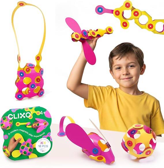 Clixo Itsy Pack, Fun Travel STEM Magnetic Toys (18 Pc, 4+, Pink/Yellow)