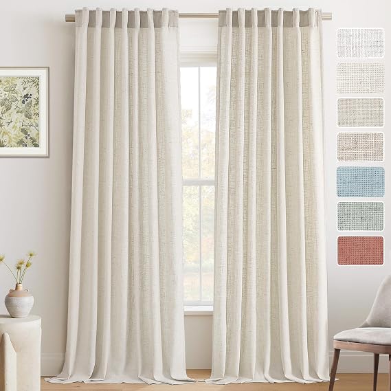 PrinceDeco Linen Semi Sheer Curtains Light Filtering,Back Tab,52x108,Ivory