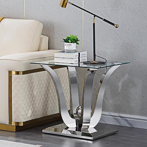 Luxury Gold Side Table, Tempered Glass Top End Table with Flower Shaped Stainless Steel Base, Modern Accent Table for Living Room, Bedroom, Office