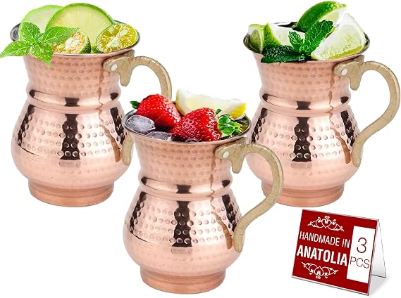 Hakan Handmade Turkish Copper Mugs, Moscow Mule Mug, Pure Copper Tumbler Drinkware, Hammered Houseware, Ayran Cup (3 Pieces)