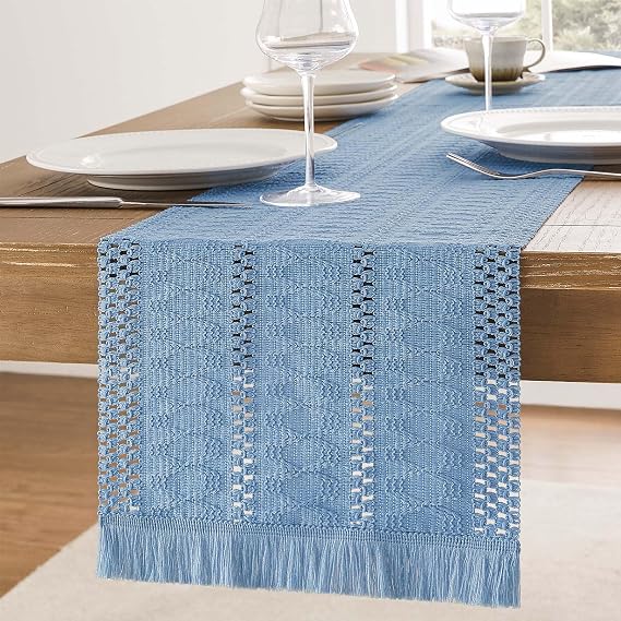 Macrame Style Table Runner with Short Tassels, 12x72 Inch Blue, Farmhouse Table Runners 72 Inches Long, Boho Woven Home Decor