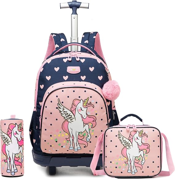 HTgroce School Trolley for Girls Elementary School Backpack Trolley for Boys Girls, 3 in 1 Bags and Pen Bag, a-unicorn, 42 x 30 x 17 cm