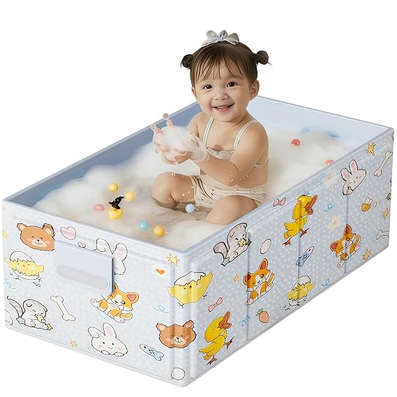 Foldable Baby Bathtub with Cute Animal Print, Portable Infant Bath Tub ,31.5x17.7x9.8 Inch Expanded (Blue)