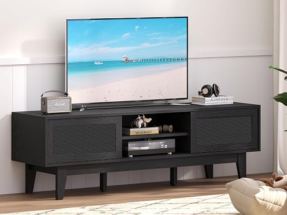 Xixini Boho TV Stand for 55 65 Inch TV, Rattan Entertainment Center with Shelves, Cabinets and Sliding Doors, TV Media Console Table with Solid Wood Feet & Cord Holes for Living Room, Bedroom, Black