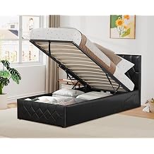 Modernique Black Faux Leather Ottoman Storage Bed with Built-in Anti-Shake Headboard, 2 Side Pockets & USB | Type-C Charging Ports (Single (3ft))