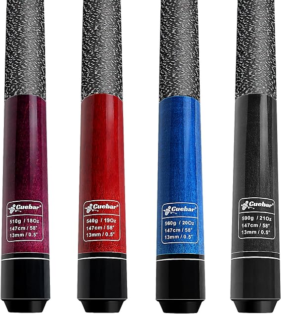 58" 2-Piece Pool Cue Sticks Set of 4, 13mm Tip Billiard Table Cues, Hardwood Pool Stick for House and Bar, Green Blue Red Brown at 18 19 20 21 Oz