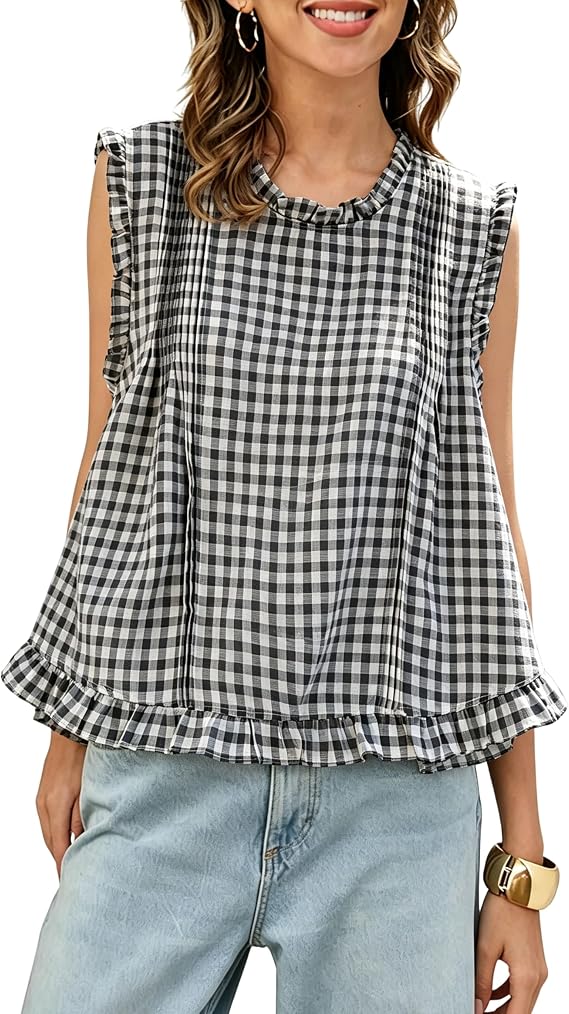 Xiaoxuemeng Womens Sleeveless Plaid Tank Top Retro Back Button Closure Vest