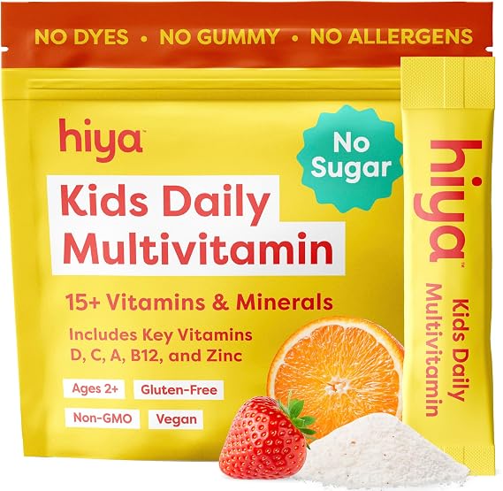 HIYA Kids Multivitamin, 20 Stick Packs for Toddlers & Kids, 0g Sugars | 15+ Essential Vitamins & Minerals with Fruits & Veggies for Ages 2+ Supports Growth, Development & Immune, Third Party Tested