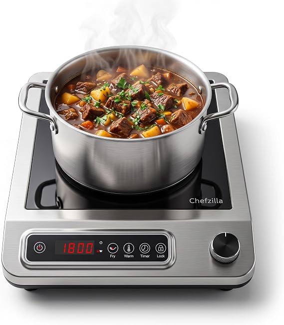 Induction Cooktop, 1800W Commercial Electric Burner with Stainless Steel Shell, Induction Burner with 18 Power Settings, 24-Hour Timer, LED Display