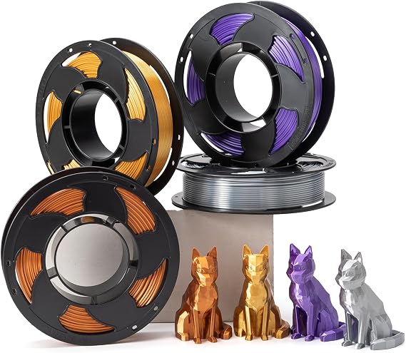 PLA Filament 1.75mm Silk Silver Gold Copper Purple, 200g x 4 Spools Shiny Metallic 3D Print Filament Dimensional Accuracy +/- 0.03 mm, Silk Color PLA Perfectly Hide Layer Line (SC_4 Pack Bundle_4)