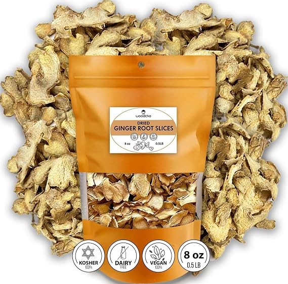 Premium Dried Ginger Root Slices, Quality Ginger Minced, Dried Ginger Slices No Sugar, Dry Ginger Chunks For Tea, Vegan, Kosher (8oz)