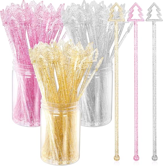100 Pcs Christmas Drink Stirrers 7.28 Inch Christmas Coffee Stirrers Christmas Tree Top Swizzle Sticks Crystal Glitter Swizzle Plastic Sticks