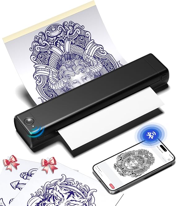 Phomemo M08F Tattoo Stencil Printer, Portable Thermal Tattoo Printer | Bluetooth Stencil Printer for Beginners & Artists, Tattoo Machine Compatible with Phone & PC, with 10pcs Paper, Black