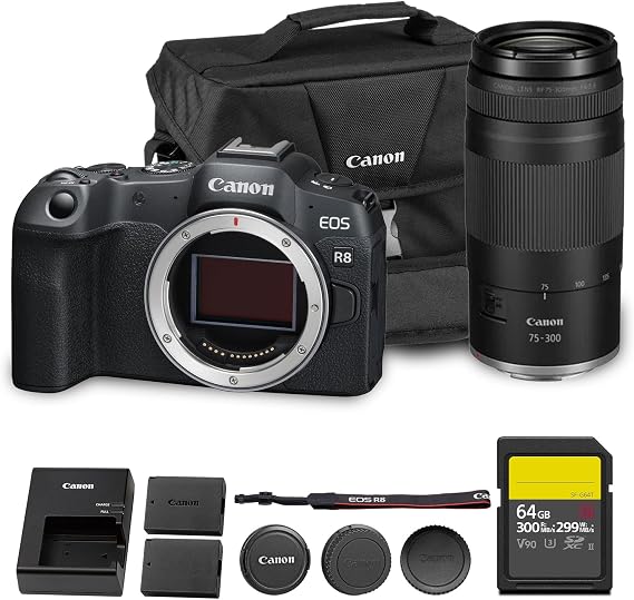 Canon EOS R8 Mirrorless Camera | 24.2MP Full Frame Sensor 4K 60p Video | Compact Lightweight Hybrid Camera for Travel and Content (5803C002) + Canon RF 75-300mm Lens + 64GB Card + LP-E17 Battery + Bag