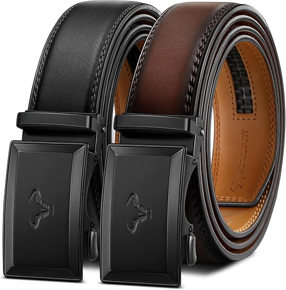 BULLIANT Men Ratchet Belt 2 Pack, Click Sliding Leather Belt Adjustable for Gift Men Dress Casual Jeans 1 3/8,Cut for Fit