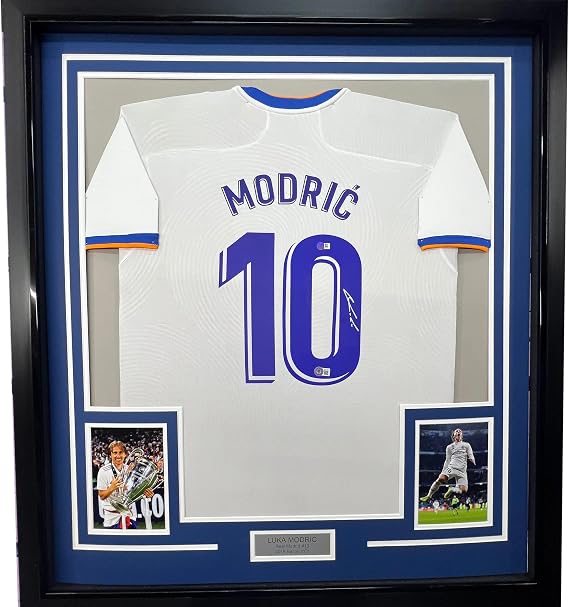 Framed Autographed/Signed Luka Modric 35x39 Real Madrid White Soccer Jersey Beckett BAS COA