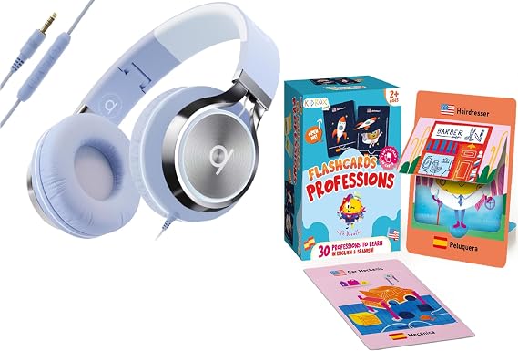 ARTIX CL750 Wired Headphones with Mic, Volume Control Foldable 3.5mm Headset + Kidrox Bilingual Professions Flash Cards 30 English/Spanish Profession Learning Cards for Toddlers 2+
