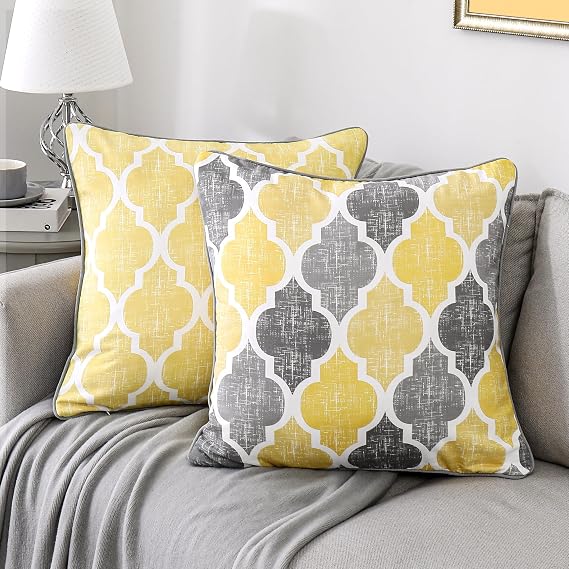 Beauoop Decorative Chenille Throw Pillow Covers with Moroccan Quatrefoil Geometric Double-Sided Print Square Soft Pillow Cases for Couch, Sofa, Living Room, Bedroom, 18"x18", Set of 2, Yellow Gray