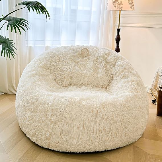XeGe 5FT Giant Fluffy Bean Bag Chair Cover(No Filler), Ultra Soft Ivory Cream Faux Fur Stuffed Animal Storage Bean Bag, Plush Shaggy XL Large Beanbag for Living Room Bedroom Home Decor, Beige
