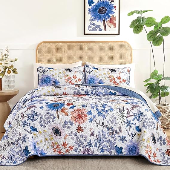 Yiran Blue Floral Quilts Queen Size, Sunflower Botanical Bedding Set