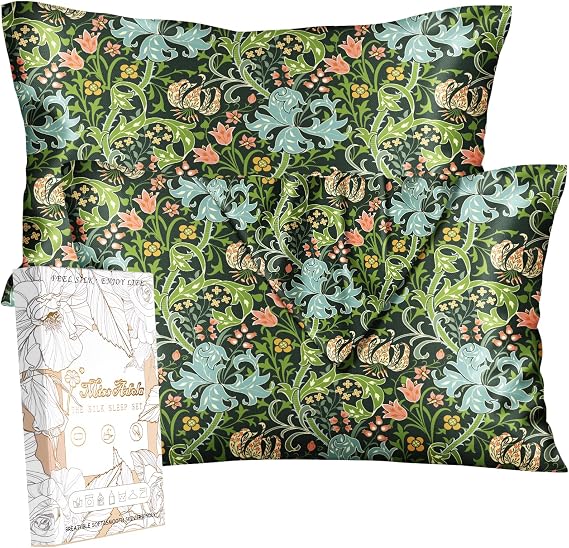 Miss Adola Silk Pillowcases, Set of 2, King Size, Green Art