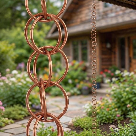 Topadorn 7.7FT Copper Double Ring Rain Chain, Modern Decorative Metal Downspout Replacement, Adjustable Outdoor Water Diverter for Garden, Patio & Porch