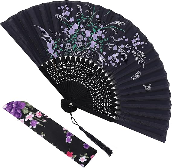 Fabric Folding Hand Fan Black Handheld Fan Foldable with Tassel and Pouch