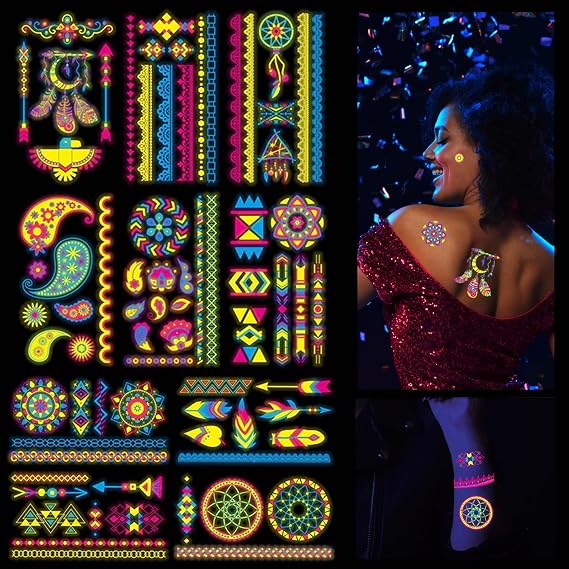10 Sheets Neon Temporary Tattoo Stickers, Glow UV Neon Body Face Skin Tattoo, Temporary Tattoos Glow in The Dark for Adult Women Girls Teens Rave