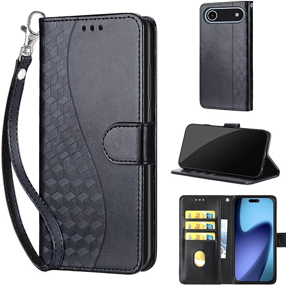 Wallet Case for iPhone Air, Black | Women Flip Folio Cover, Embossed PU Leather, Stand, Credit Card Holders Slots, Wrist Strap