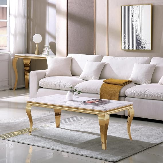 47" Marble Coffee Table for Living Room, Modern White Coffee Table with Gold Stainless Steel S-Shaped Legs, Faux Marble Rectangle Center Table Accent Cocktail Table for Home,Office