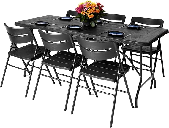 NOVECRAFTO 6ft Folding Table & 6 Folding Chair Set - Functional, Easy-to-Fold-and-Store Furniture for Indoor and Outdoor Use with Wood Grain Pattern, Heavy-Duty Black Plastic Surfaces & Steel Frames