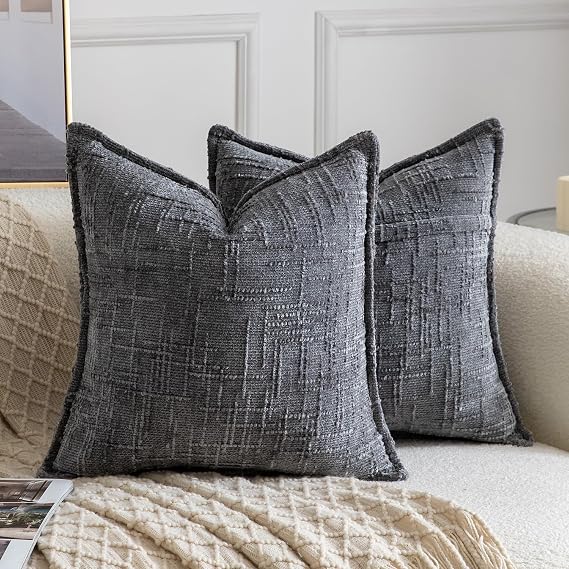 Madizz Decorative Chenille Cushion Covers 50x50 cm Dark Grey Pack of 2 Throw Pillows for Couch Sofa Boho Accent Pillow Cases for Bed Cushion for Bedroom Living Room Modern Home Decor