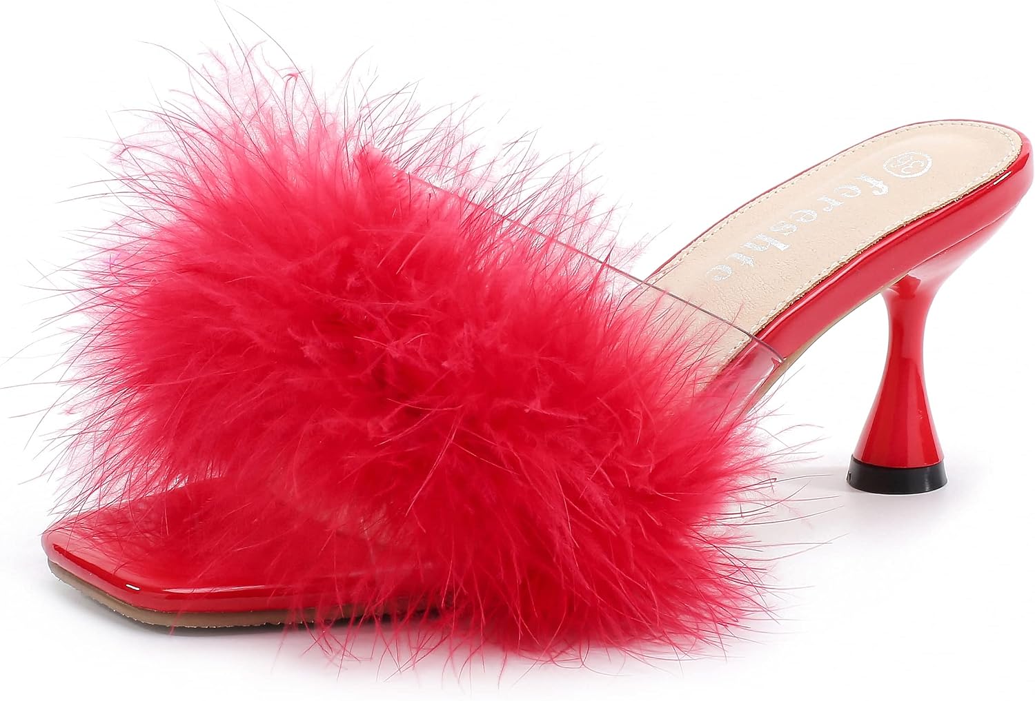 Womens Feather Heels Sandals Fluffy Fur Clear Strap Slip On Square Toe Kitten Mules