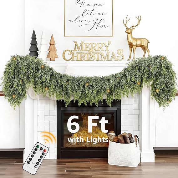 Cedar Christmas Garland for Mantle - Decorations with Lights 6 ft Realistic Lighted Faux Pine Garlands for Xmas Home Decoration 6ft Prelit Garland Door Decor Indoor Stairs Railing Fireplace Outdoor