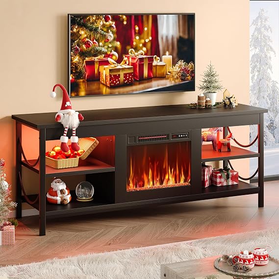 Pinmoco Electric Fireplace TV Stand for TVs up to 65", LED Entertainment Center with Open Storage Shelves for Living Room, Bedroom, Black
