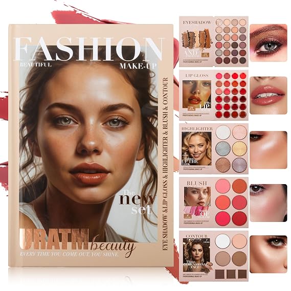 Professional Makeup Set with Eyeshadow, Lip Gloss, Highlighter, Blush and Contour Palette, 5-Piece Collection