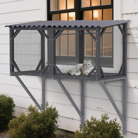 Cat Window Enclosure for Large Cats | 55lbs Heavy-Duty Outdoor Catio | 270 Panoramic View, Weatherproof & Scratch-Resistant | Plastic-Wood Easy Assembly, Black