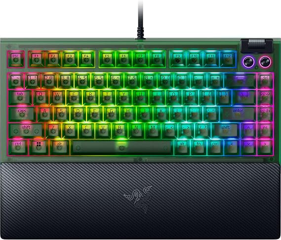 Razer BlackWidow V4 75% Mechanical Gaming Keyboard: Hot-Swappable Design Compact and Durable Orange Tactile Switch Chroma RGB MF Roller & Media Key Comfortable Wrist Rest, Phantom Green | ホットスワップ可能デザイン、コンパクトで耐久性のあるオレンジ色のタクタイルスイッチ、Chroma RGB、MF ローラー&メディアキー、快適なリストレスト。