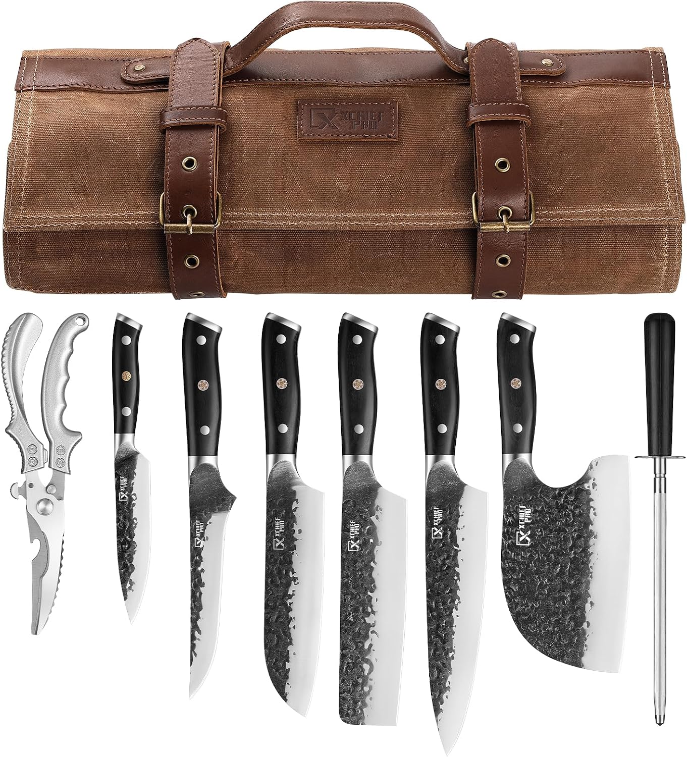 Kitchen Knife Set Hand Forged Meat Bonier Carving and Chopping Knives High Carbon Steel Japan Nakiri Santoku Knife Set with Accessories for Kitchen BBQ and Camping with Carry Bag